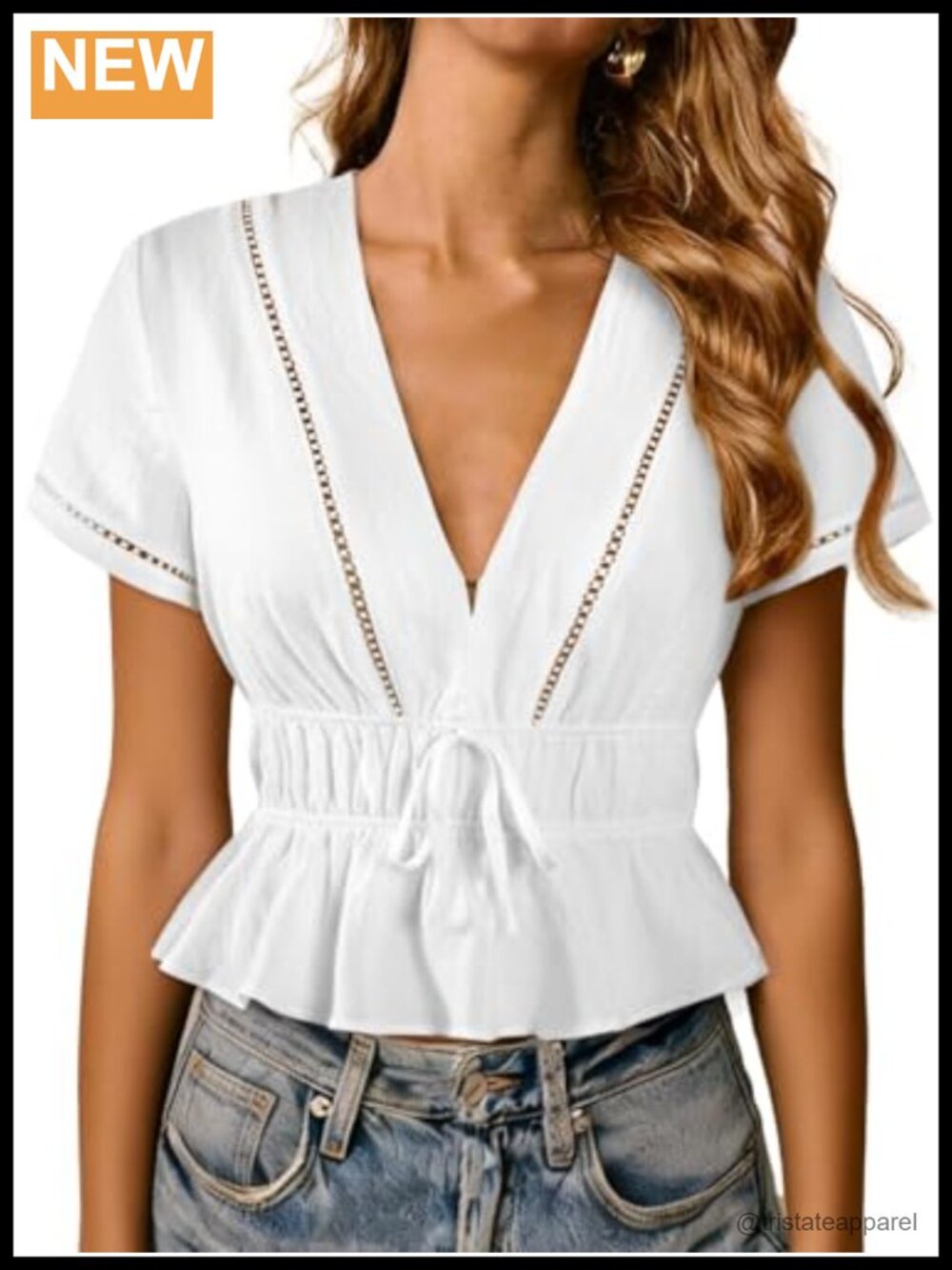 Women's V Neck Peplum Blouse Tie Front Smocked Waist Short Sleeve Summer Top